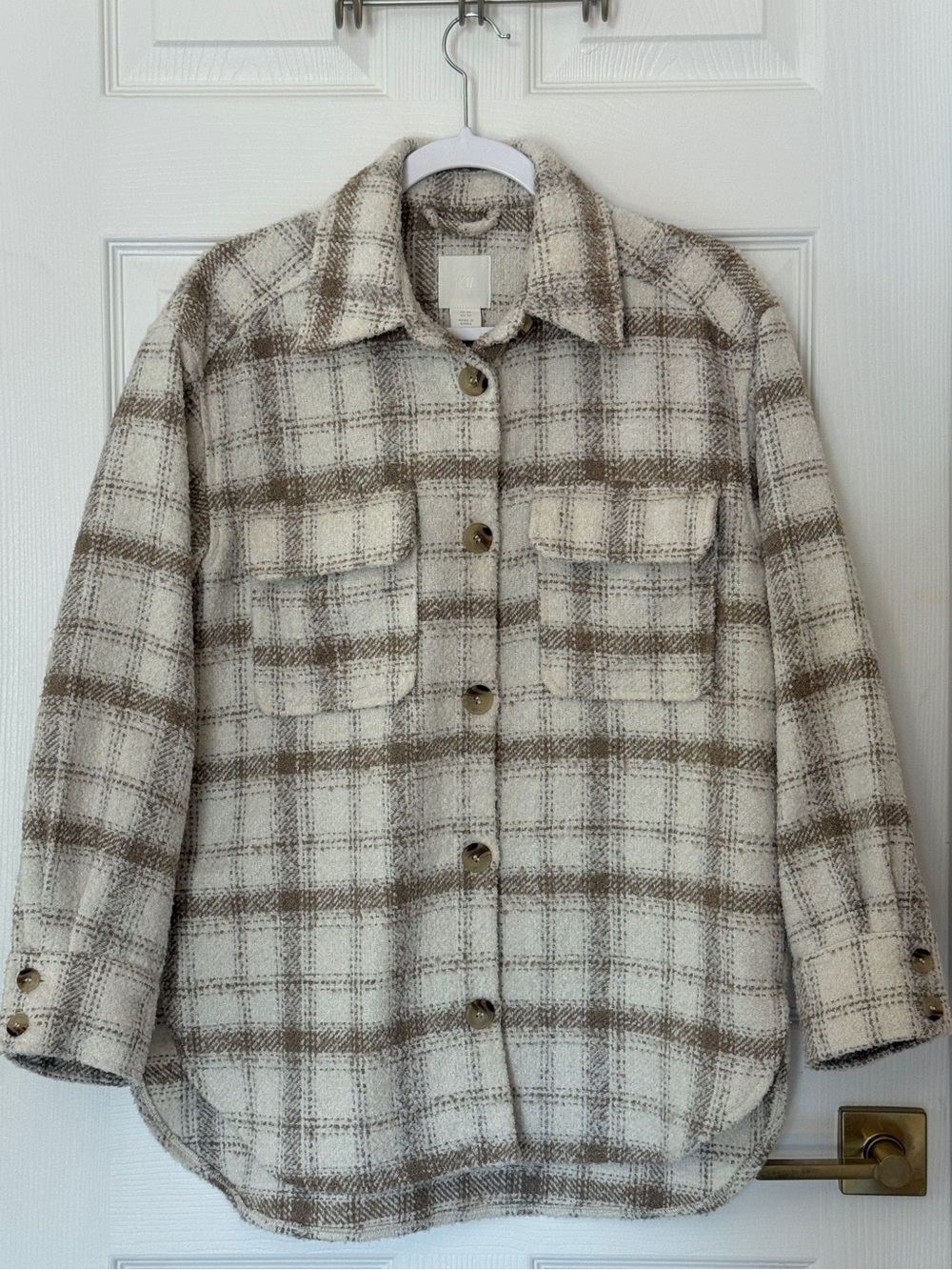 H&M Cream and Brown Plaid Button-down Shacket